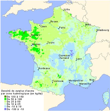 Densité de surplus d'azote en 2000