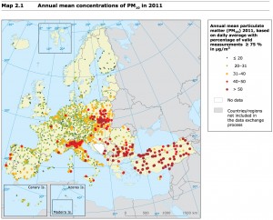 Quantité moyenne de PM10 dans l’air pour l’année 2011. Source : European Environment Agency, Air quality in Europe — 2013 report