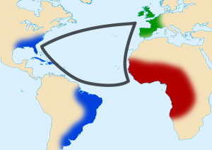 Schéma du commerce triangulaire. Source Wikipédia : https://commons.wikimedia.org/wiki/File:Triangular_trade.png